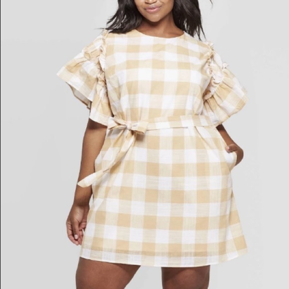 ☀️ Who What Wear Ruffle Sleeve Yellow-Beige-White Gingham Mini-Dress